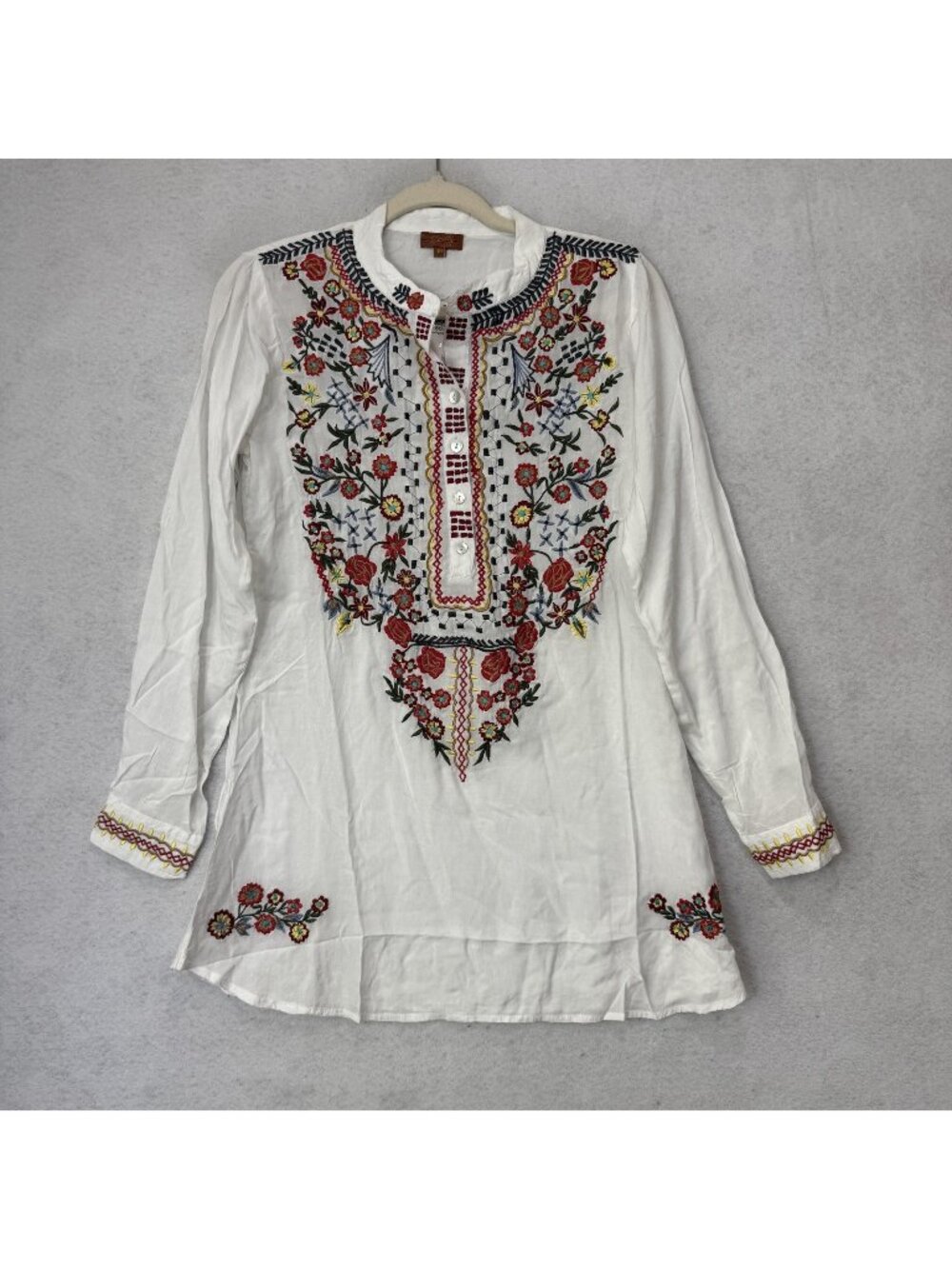 Scully Blouse Womens Medium White Embroidered Long Sleeve Tunic Top Western Boho